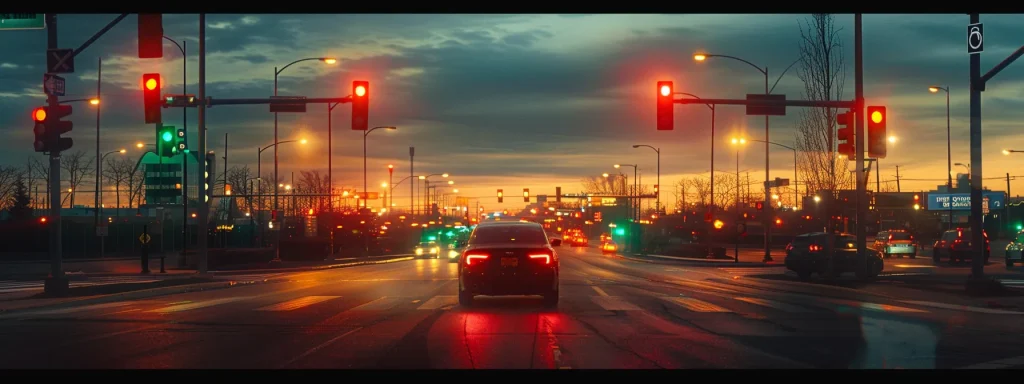 a dynamic urban scene captures a speeding car racing through an intersection, with vibrant red and green traffic lights glowing against the twilight sky, symbolizing the urgency and danger of common traffic violations.