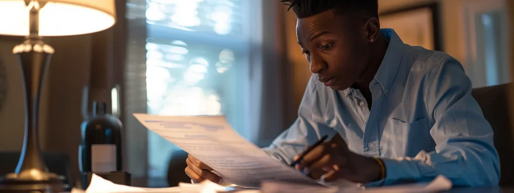 a focused and determined individual sits at a well-organized desk, reviewing detailed documents and insurance policies under warm, soft lighting, embodying the strategic spirit of negotiation after an auto accident.