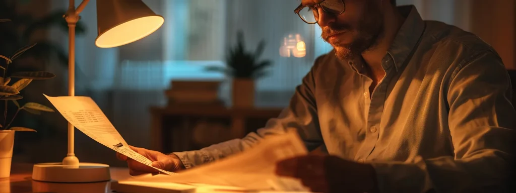 a focused and insightful individual studies a complex insurance policy document, illuminated by a warm desk lamp, emphasizing the critical need for understanding coverage details to maximize potential payouts after a vehicle accident.