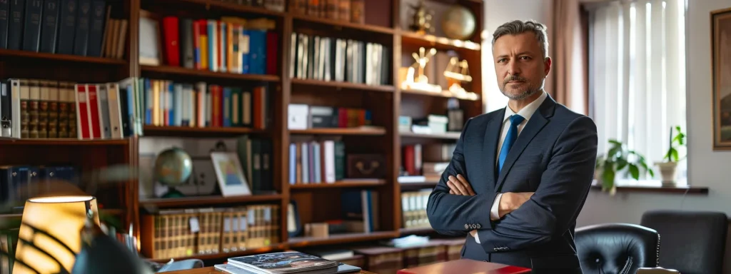 a focused and professional accident lawyer stands confidently in their office, surrounded by legal books and documents, embodying authority and expertise in accident law.