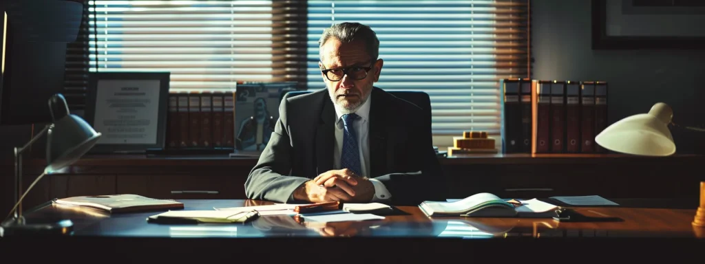a focused and thoughtful individual sits at a sleek desk, surrounded by multiple attorney profiles and legal documents, bathed in warm, natural light that highlights their contemplation of important decisions.