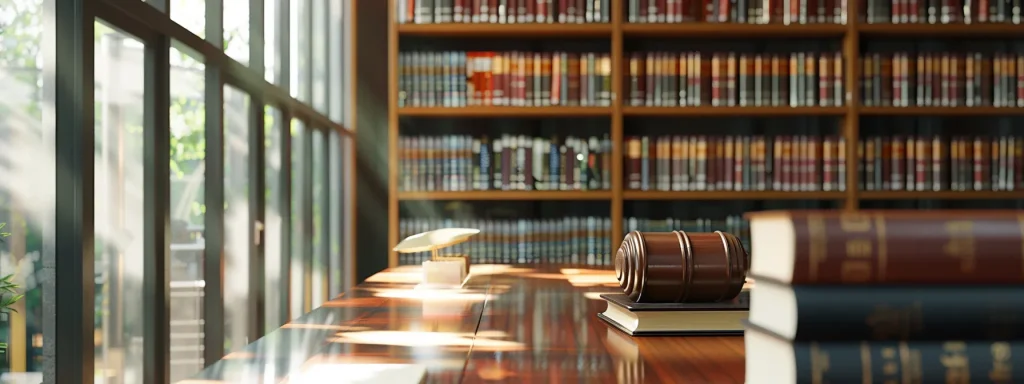 a focused attorney in a sleek, modern office engages intently with a potential client, surrounded by legal books and documents, as sunlight streams through large windows, highlighting their serious discussion about personal injury law.