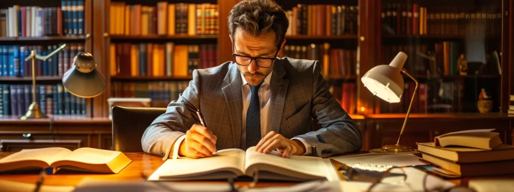 a focused attorney, surrounded by legal books and case files, confidently examines intricate charts and diagrams of personal injury law in a well-lit office, symbolizing the power of specialization in achieving successful legal outcomes.