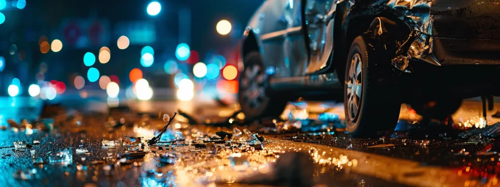 a focused close-up shot of a car accident scene at dusk, showcasing detailed evidence like shattered glass and skid marks on the road, illuminated by the warm glow of nearby streetlights, emphasizing the importance of documenting details for insurance claims.