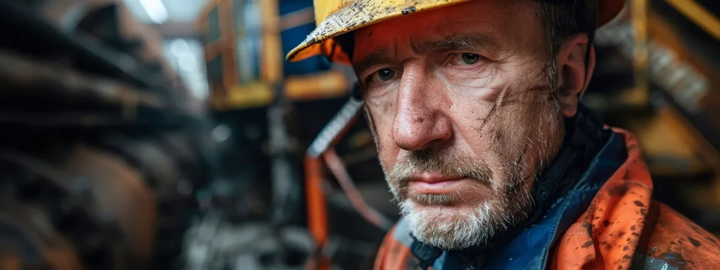a focused close-up of a worker in protective gear, standing resolutely amidst heavy machinery, with a determined expression that embodies the crucial theme of understanding worker rights and safety after an injury, illuminated by soft, diffused lighting to emphasize both the intensity and the importance of awareness in hazardous environments.