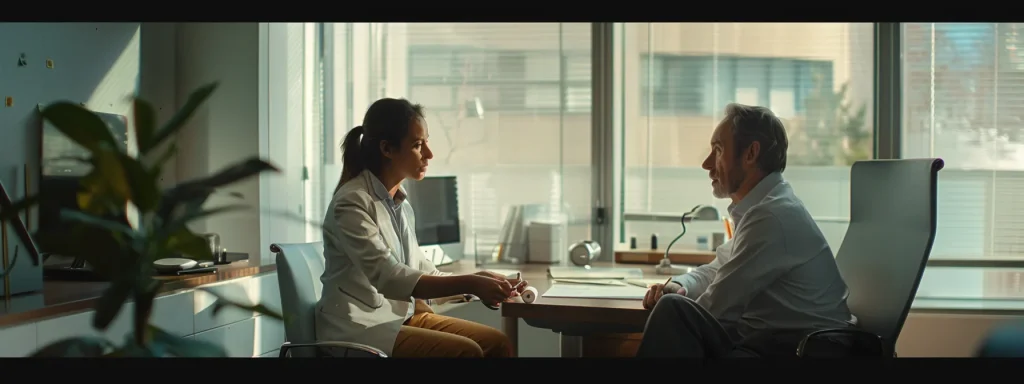 a focused consultation scene captures a professional compensation lawyer attentively explaining the intricacies of claims to an injured worker in a well-lit office, emphasizing support and guidance amidst the complexities of legal processes.