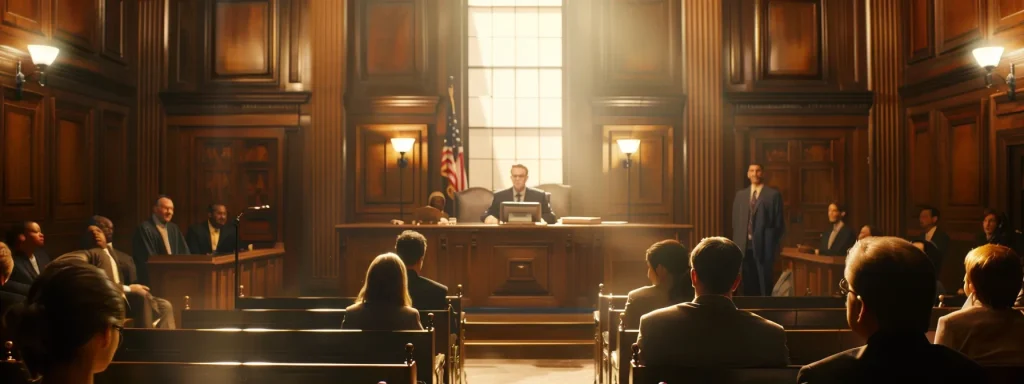 a focused courtroom scene captures the tense atmosphere of a distracted driving trial, with a judge presiding over the proceedings and attorneys passionately presenting their cases, illuminated by dramatic overhead lighting that emphasizes the gravity of the situation.