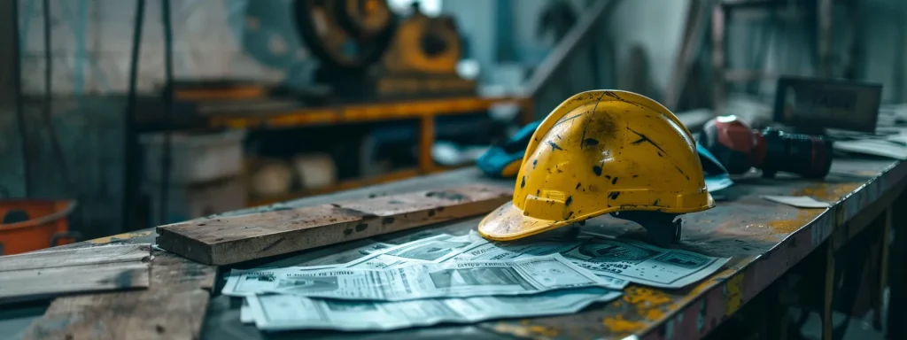 a focused, dramatic close-up of a worker's safety helmet and medical bills laid on a workbench surrounded by machinery, symbolizing the stark reality of out-of-pocket costs associated with machinery injuries.