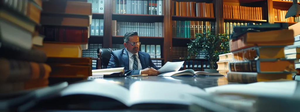 a focused, dramatic scene capturing a well-organized consultation room with a lawyer attentively listening to a client, surrounded by stacks of case files and medical documents that illuminate the serious discussion of a car accident claim.