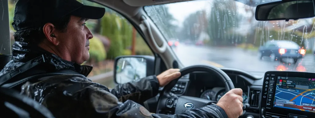 a focused driver navigating through a rain-slicked road, embodying the essence of defensive driving techniques as they attentively scan their surroundings and maintain a safe distance from an approaching vehicle.