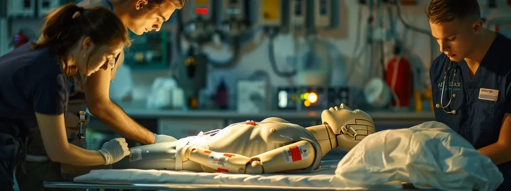 a focused first aid station showcases a medical professional applying pressure to a simulated wound on a lifelike mannequin, surrounded by essential bandages and dressings, illuminated by soft overhead lighting that emphasizes the urgency and importance of effective emergency response techniques.