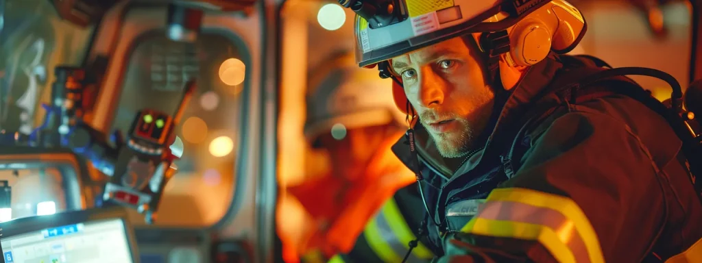 a focused first responder in action, surrounded by emergency equipment and machinery, intently assessing a safe area while preparing to provide immediate care, bathed in the warm light of a rescue scene.