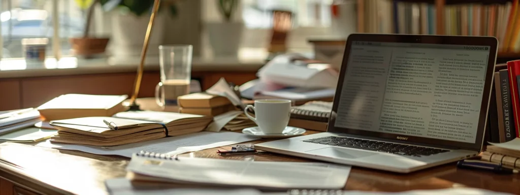 a focused image captures a well-organized desk with a laptop displaying legal websites, surrounded by documents, notes, and a coffee cup, symbolizing the thorough research process for selecting the right personal injury lawyer.