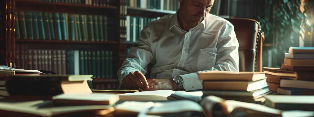 a focused image of a determined auto accident victim seated in a lawyer’s office, surrounded by documents and legal books, reflecting the tension and urgency of seeking justice and compensation.