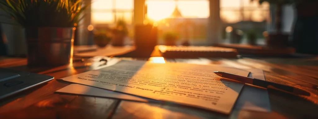 a focused image of a meticulously crafted demand letter laid out on a desk, illuminated by warm, natural light, emphasizing the professionalism and clarity of the message in the context of settling a car accident claim.