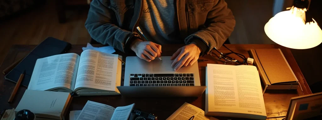 a focused individual sits at a desk illuminated by soft, natural light, intently researching car accident lawyers on a sleek laptop, surrounded by open notebooks filled with highlighted notes and recommendations.