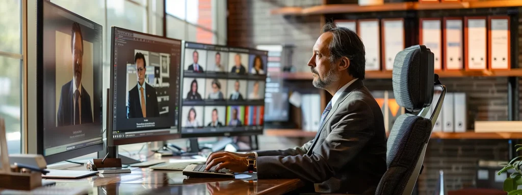 a focused individual sits at a sleek desk, surrounded by glowing screens displaying reviews and legal documents, symbolizing meticulous research for selecting a trusted crash attorney in a modern workspace bathed in soft, warm light.