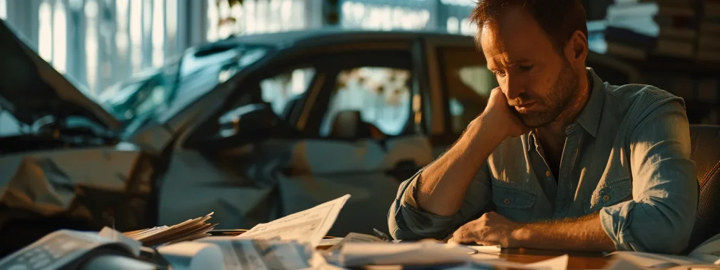 a focused individual sits at a desk amid scattered documentation of a car accident, illuminated by soft, warm light, emphasizing the gravity of preparing for an insurance negotiation.