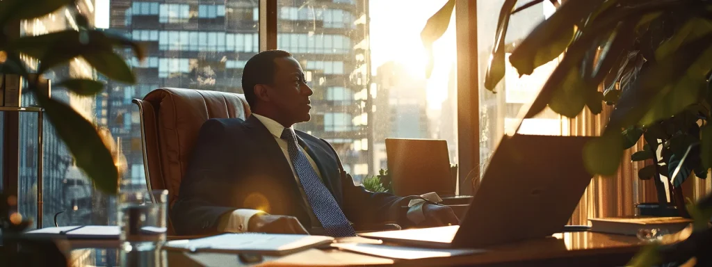 a focused lawyer sits confidently in an office setting, discussing legal strategies with a concerned client, with documents and a laptop subtly illuminated by warm, natural light filtering through a large window.