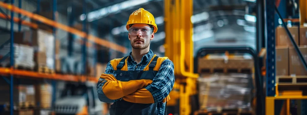 a focused machine operator stands confidently in a bustling industrial environment, adorned in a bright yellow helmet and sturdy gloves, encapsulating the essence of safety and preparedness amidst heavy machinery in a well-lit workspace.