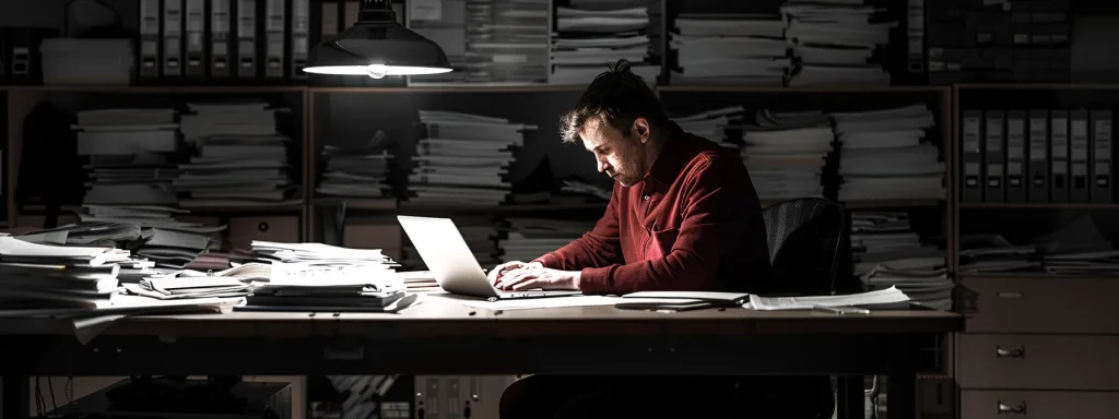 a focused office scene captures a determined worker seated at a desk, reviewing crucial documents with a laptop illuminated by soft natural light, symbolizing the meticulous process of filing a workers' compensation claim.