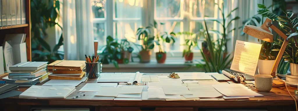 a focused, organized workspace featuring a detailed claims file surrounded by medical documents, emphasizing the importance of thorough record-keeping in ensuring a successful workers' compensation claim.