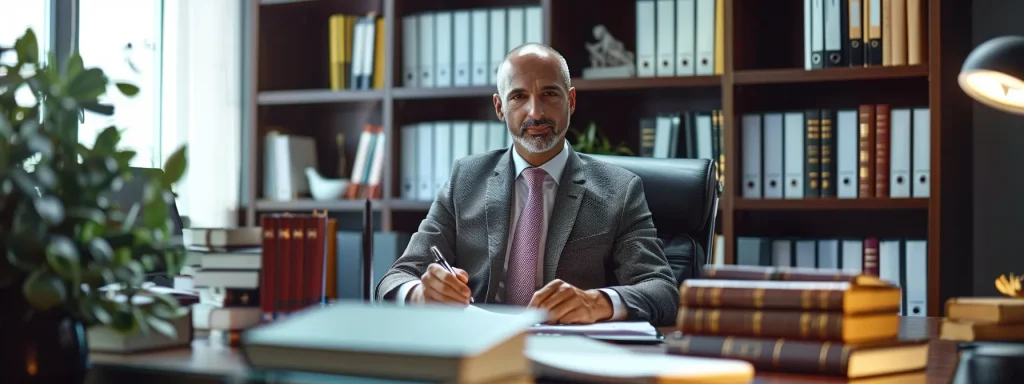 a focused portrait of a confident automobile crash attorney in a sleek office, surrounded by legal books and documents, conveying professionalism and trustworthiness as they prepare to guide a client through the complexities of a distracted driving case.