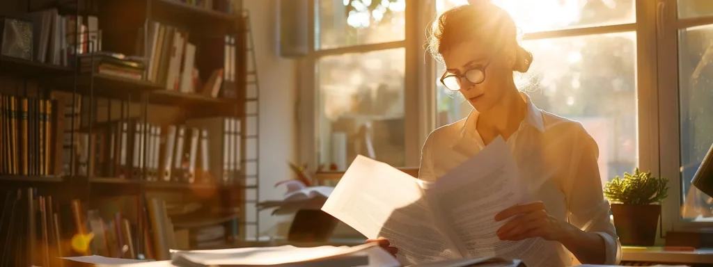 a focused, professional attorney analyzes case documents in a sunlit office, conveying expertise and personalized strategy in personal injury law.