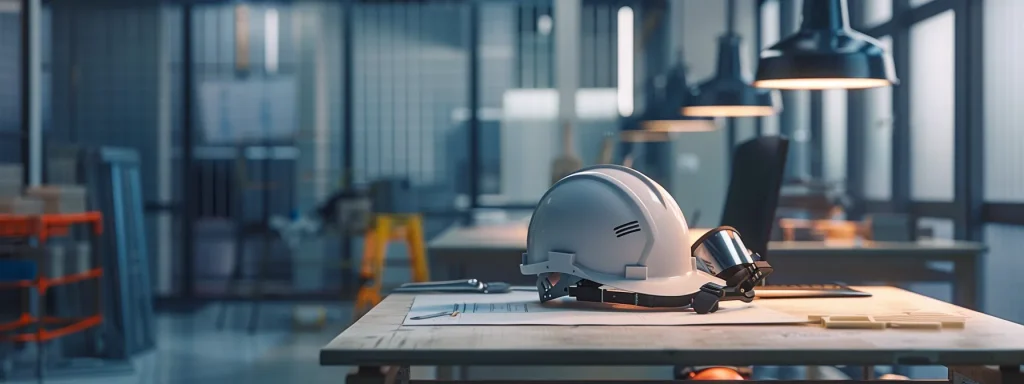 a focused, professional workspace illuminated by soft natural light, featuring safety equipment like hard hats and safety goggles prominently displayed, symbolizing the essential commitment to workplace safety and osha guidelines.