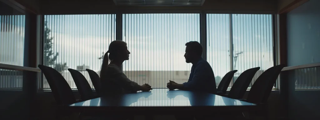 a focused scene captures a confident individual seated across a polished conference table from a professional lawyer, both engaged in a serious discussion illuminated by soft, natural light filtering through a large window, symbolizing the importance of informed decision-making in legal consultations.