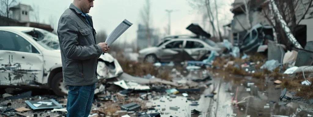 a focused scene captures a professional insurance adjuster examining a subdued car accident site under overcast skies, surrounded by scattered debris and official documentation, emphasizing their crucial role in assessing damages and determining liability.