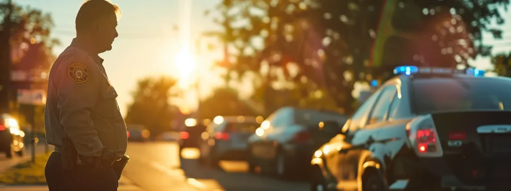 a focused scene captures a calm and composed driver standing by a vehicle accident, exchanging information with a police officer under the soft glow of late afternoon sunlight, emphasizing responsible communication and the importance of remaining calm after a road incident.