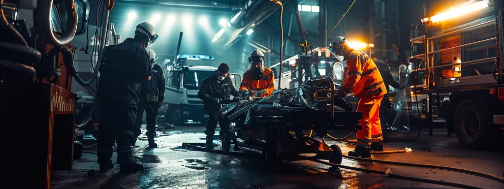 a focused scene captures emergency responders assessing a serious machinery injury, illuminated by bright overhead lights, emphasizing the urgency of care amidst the industrial backdrop.