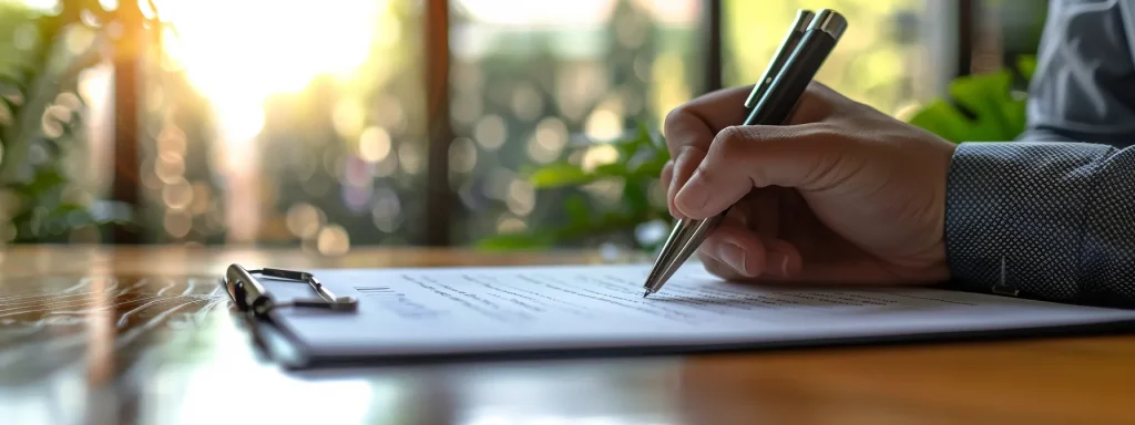 a focused shot of a confident individual reviewing a settlement agreement with a clear expression of determination, set against a softly lit, modern office backdrop that conveys professionalism and trust.