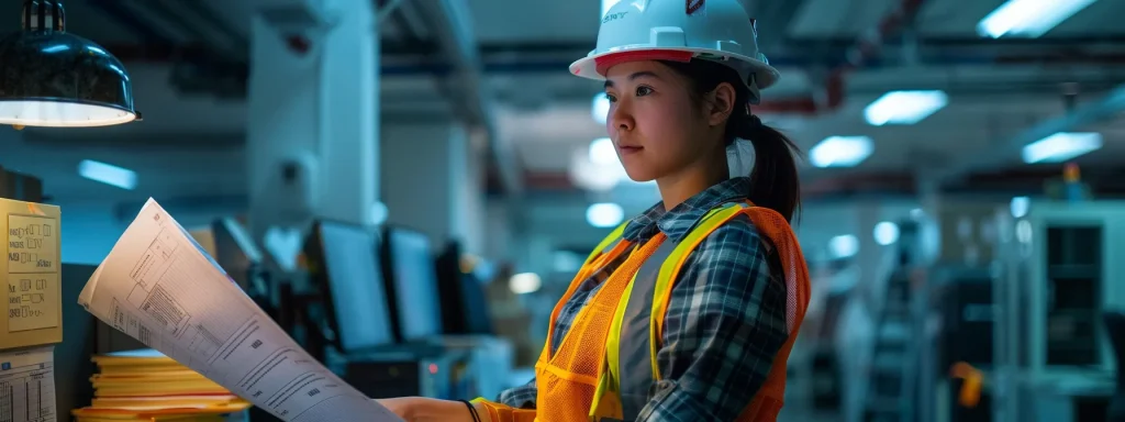a focused worker stands surrounded by safety equipment and paperwork, illuminated by soft overhead lights in a sterile office environment, as they prepare to file a detailed machinery injury report, emphasizing the importance of accountability and safety in the workplace.
