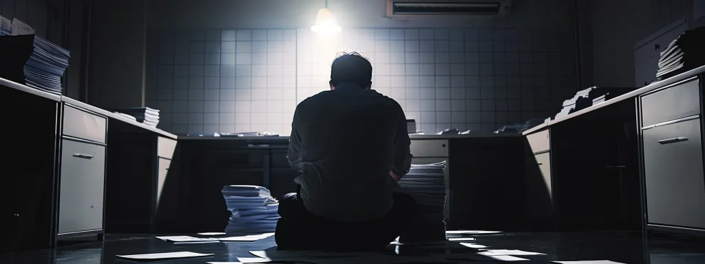 a frustrated individual, silhouetted against a stark office setting, gazes at an overflowing stack of denied insurance claims, illuminated by harsh overhead lighting, symbolizing the emotional turmoil and uncertainty of navigating the complex appeals process.