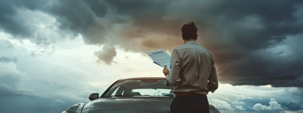 a frustrated individual stands beside a sleek, damaged car under a cloudy sky, with a stack of paperwork and an insurance denial notice prominently displayed on the hood, symbolizing the confusion and challenges of navigating auto insurance claims.