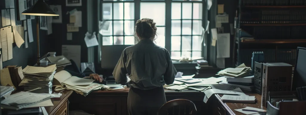 a frustrated victim stands amidst tangled insurance documents and an intimidating law office ambiance, embodying the emotional turmoil faced in the challenging journey for compensation after an automobile accident, captured in dramatic lighting to emphasize the struggle.