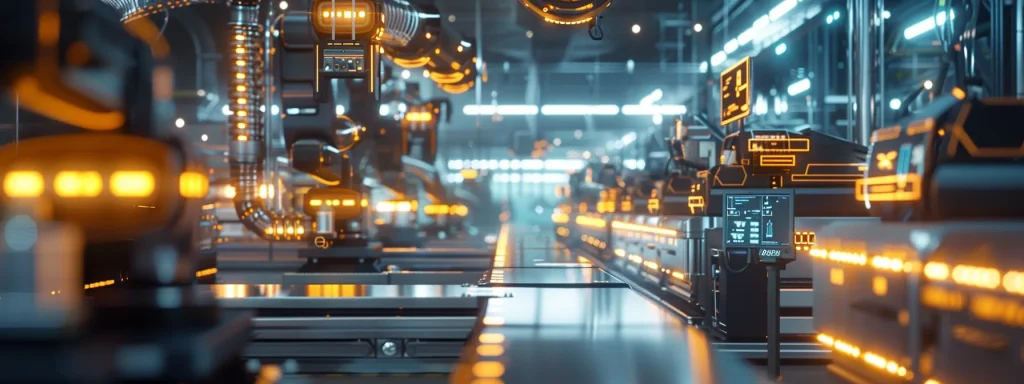 a futuristic factory environment showcases advanced machinery surrounded by glowing safety indicators and digital displays, emphasizing the integration of predictive analytics and safety innovations to enhance workplace safety.