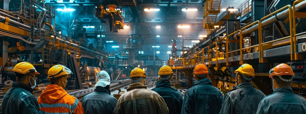 a group of machine operators in bright, safety-protective gear attentively watch a demonstration on the proper use of equipment, surrounded by industrial machinery under well-lit conditions, emphasizing a strong commitment to occupational safety.