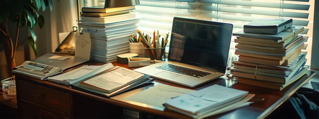 a meticulously organized desk with neatly stacked files, medical records, and a laptop open to a claims processing interface, illuminated by soft, natural light, symbolizing the empowerment and clarity needed for navigating car accident claims.