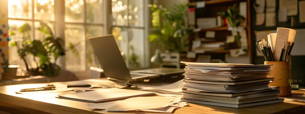 Meticulously organized workspace with stacked paperwork, laptop, and stationery, reflecting the importance of documentation in estimating future expenses after workplace injuries.