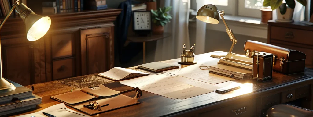 a meticulously organized workspace showcases a neat arrangement of claim-related documents, a leather-bound journal detailing recovery progress, and a soft glow from a desk lamp, symbolizing the clarity and preparedness essential for navigating the insurance process after an auto accident.