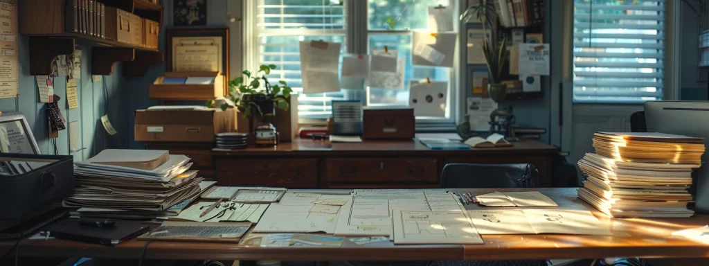 a meticulously organized workspace filled with accident documentation, including a neatly arranged file of medical bills, a detailed injury journal, and a timeline on the wall, all bathed in soft natural light to emphasize the importance of thorough record-keeping.