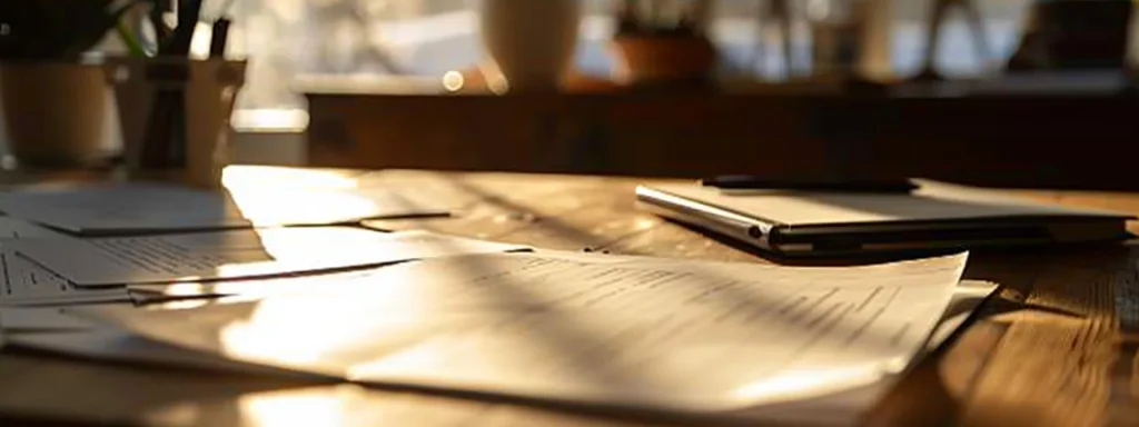 a neatly organized table showcases a collection of essential documents and a detailed insurance policy, illuminated by soft, natural light, symbolizing preparedness for the auto accident claims process.