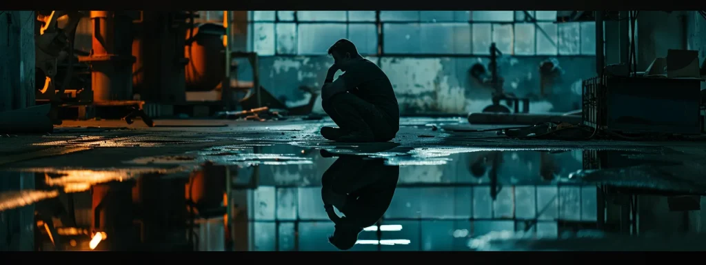 a poignant depiction of a shadowed figure seated alone in a dimly lit room, embodying the emotional and financial burdens of psychological distress following a traumatic injury, with reflections of chaos and machinery subtly blurred in the background.
