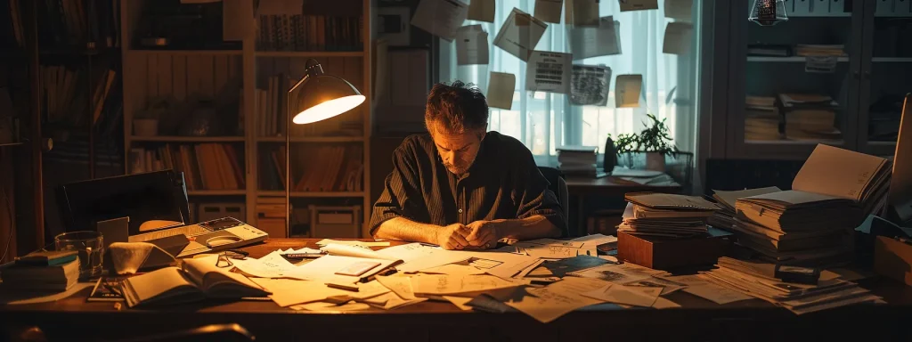 a poignant image depicts a concerned individual sitting at a desk surrounded by scattered paperwork and bills, illuminated by soft, natural light, symbolizing the complexities and emotional challenges faced during personal injury claims.