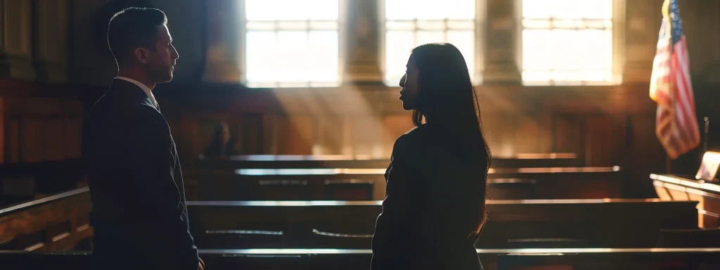 a poised attorney stands confidently in a well-lit courtroom, engaging attentively with a focused witness as they prepare to deliver a compelling testimony on the profound impact of an accident.