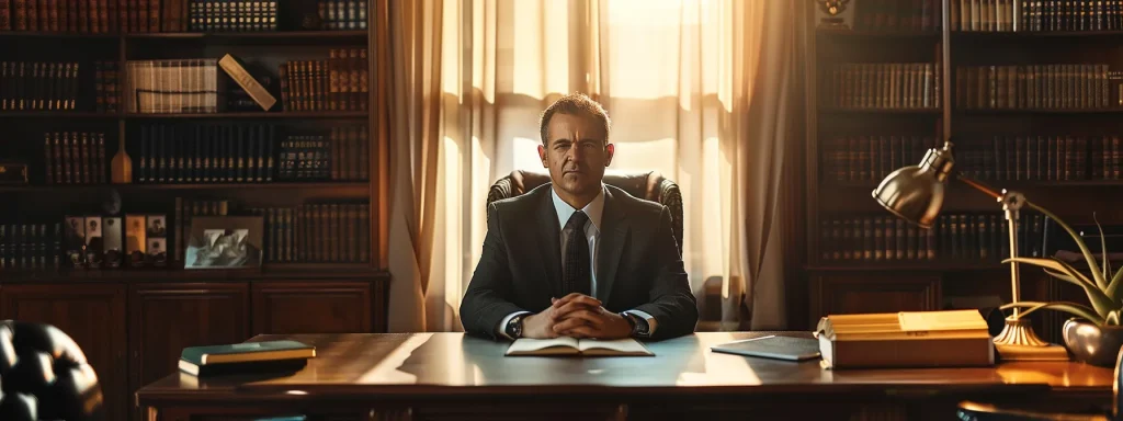 a poised lawyer sits confidently at a sleek desk, surrounded by legal books, as they attentively explain complex tort laws and fee structures to a hopeful client, illuminated by warm, inviting light for a professional yet approachable atmosphere.