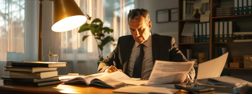 a poised personal injury attorney, surrounded by legal documents and supportive expert witnesses, analyzes complex damage calculations under warm, focused lighting in a modern office setting.